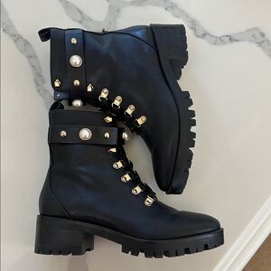 Black Leather Combat Boots ankle Gold and Pearl size 8 or 38 Karl Lagerfeld